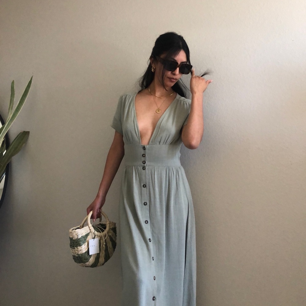 Plunge Linen Midi Dress